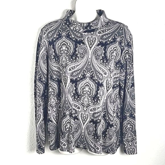 Lands' End Longsleeve Mock Turtleneck Top in Gray,Black & White Paisley, Size L - Picture 1 of 5